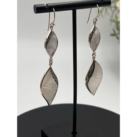 Samuel Benham Signed Designer Sterling Silver Mother of Pearl Two Drop Earring - Picture 3 of 8